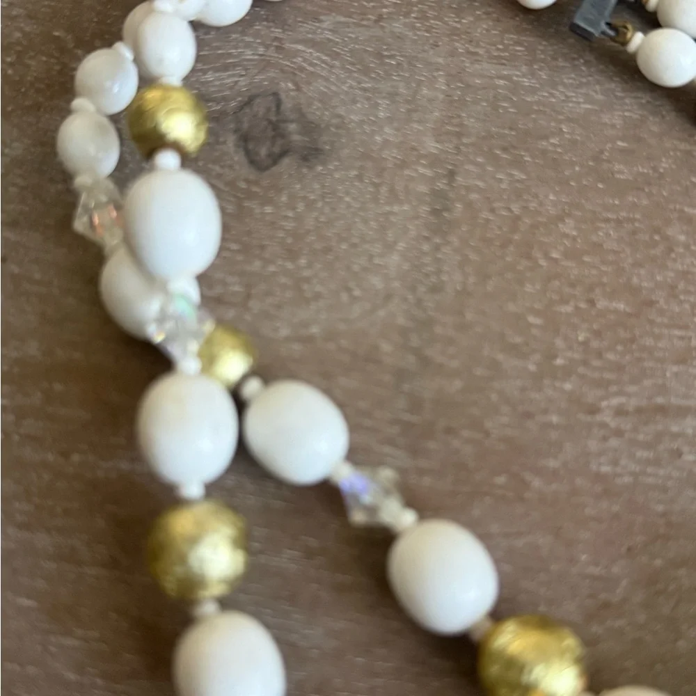 Vintage White, Iridescent, and Gold Beaded Necklace